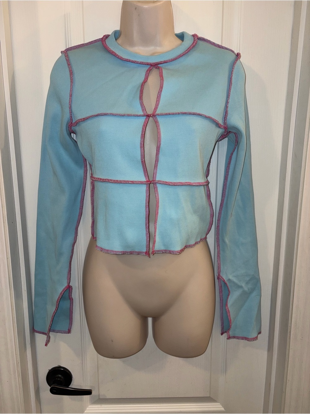 NWT The Ragged Priest Cutout Crop Top - Blue & Pink Contrast Stitch - Picture 2 of 10